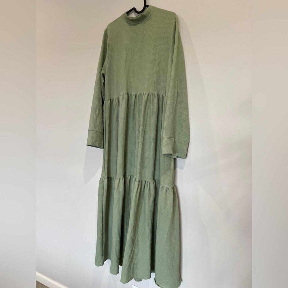 Sage Green Tiered Long Sleeve Maxi modest dress, back zipper